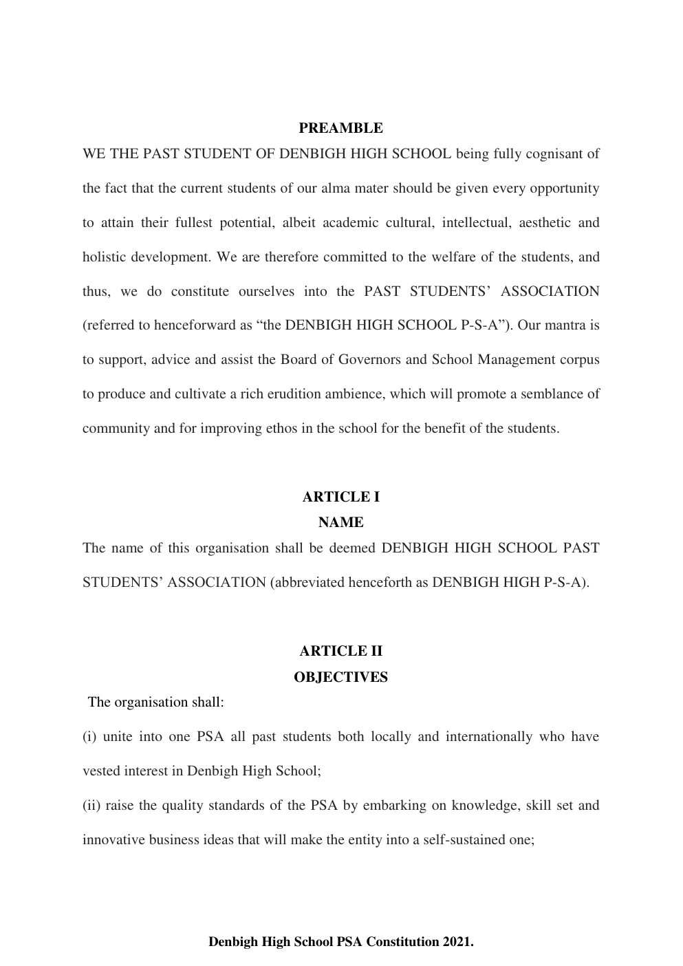Denbigh High School PSA Constitution page 2