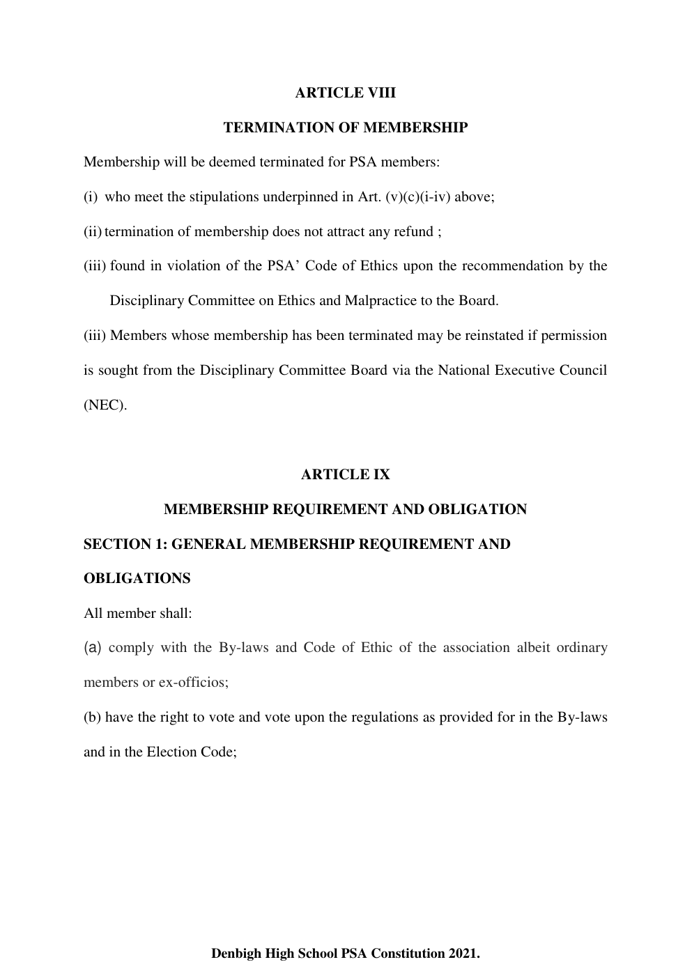 Denbigh High School PSA Constitution page 10